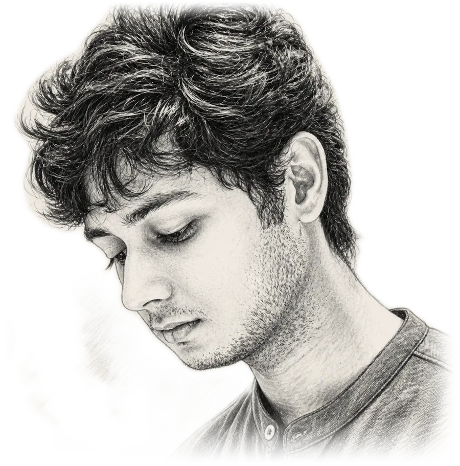 Pencil sketch of Jamil Khan, looking down